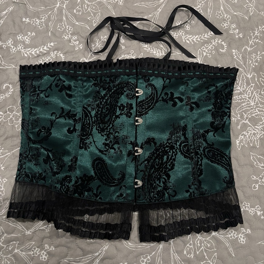 Vintage Shirley of Hollywood Green Black Corset Paisley Velvet Lace Size Large